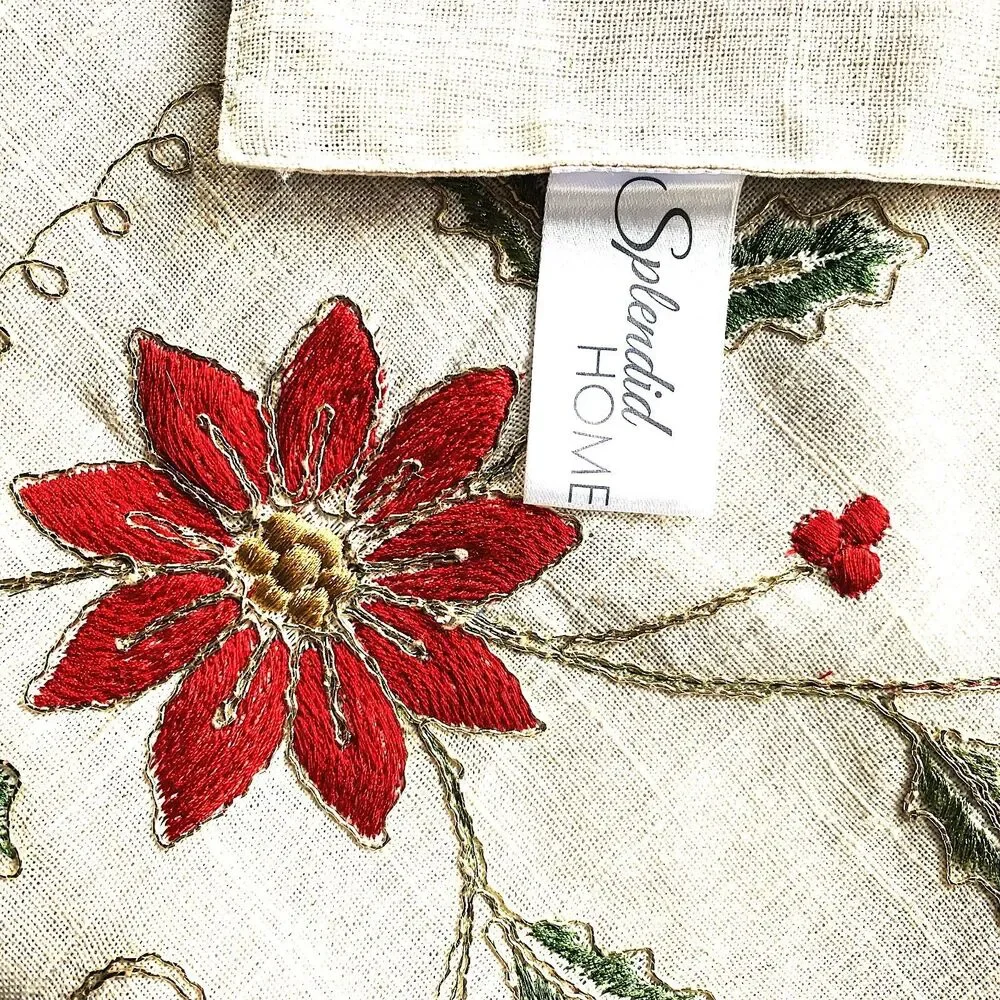 Embroidered Holiday Table Runner 90” | Gold Thread Poinsettias on Linen Blend |